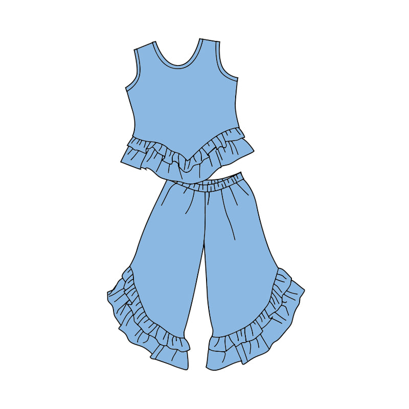 Baby Girls Light Blue Sleeveless Top Ruffle Bell Pants Clothing Sets Preorder(moq 5)