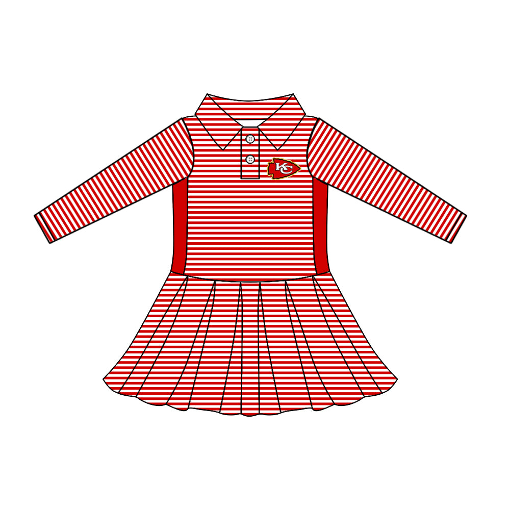 Preorder (moq 5)Baby Girls Long Sleeve Stripe Button KC Team Knee Length Dresses