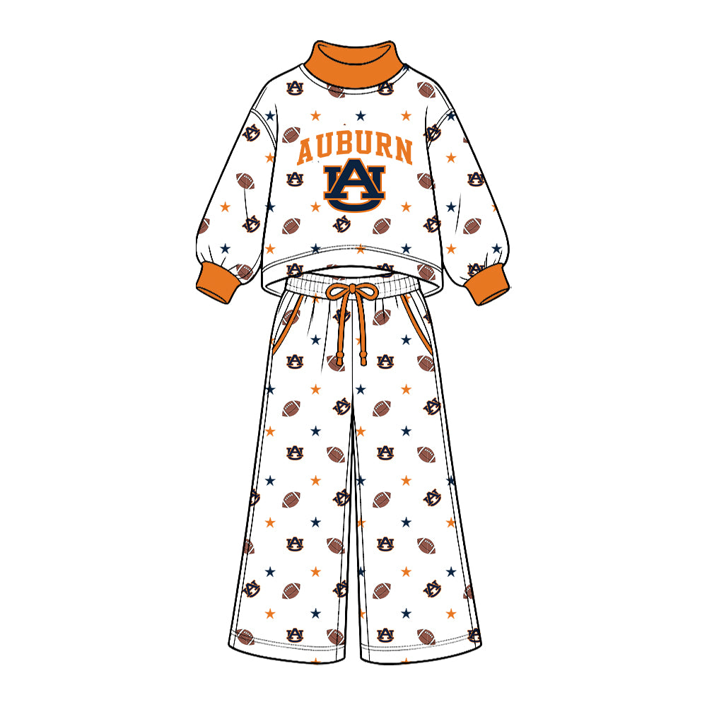 Preorder (moq 5) Baby Girl Clothes Auburn Tigers AU Logo Football Star Allover Print Long Sleeve Mock Neck Top Wide Leg Pant Outfit Set