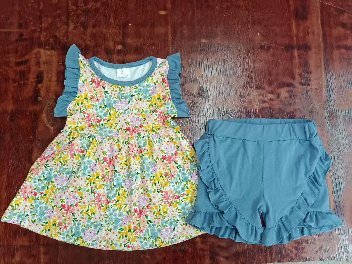 Preorder moq 5 Baby Girls Sleeveless Floral Tunic Blue Ruffle Shorts Set