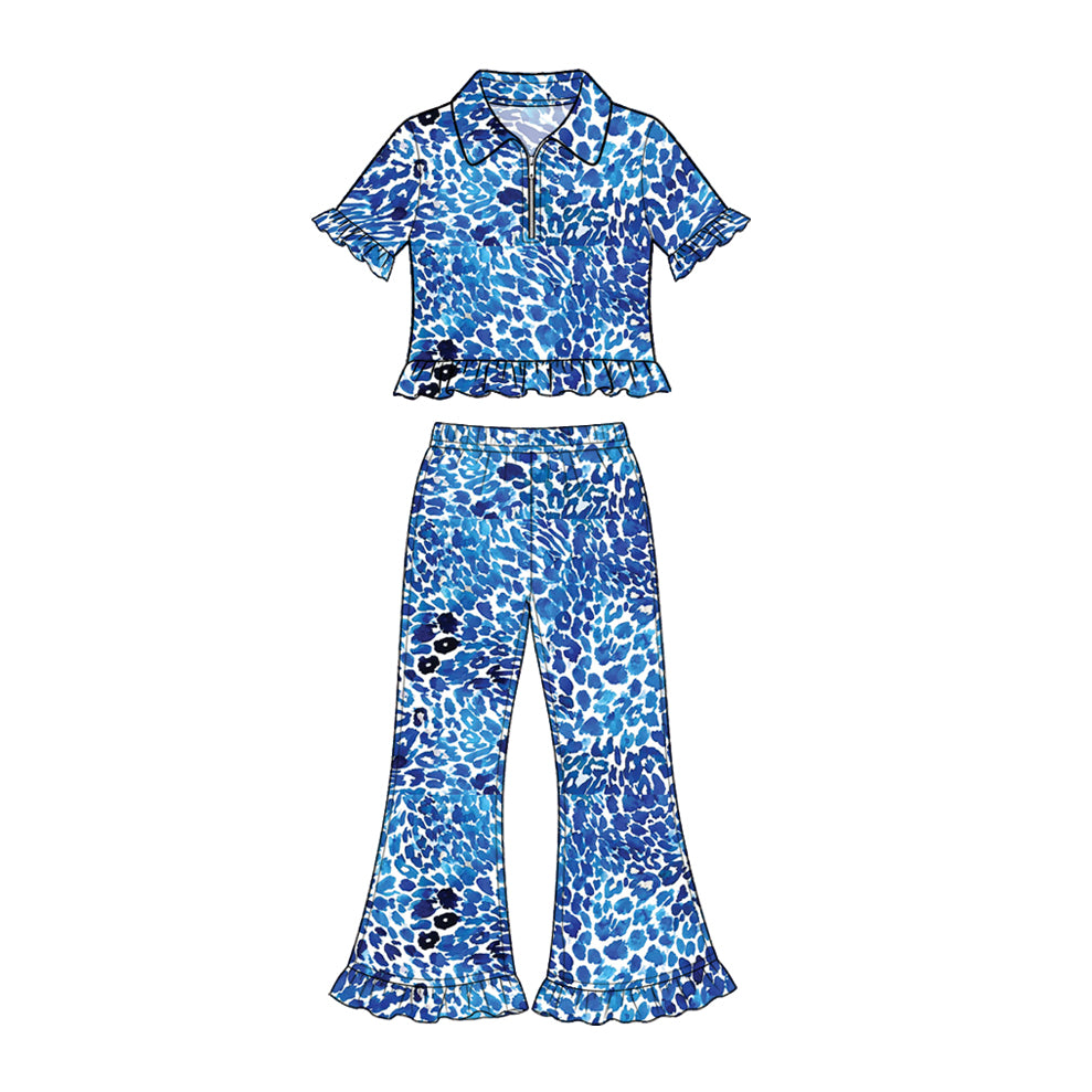 Preorder (moq 5) Baby Girl Clothes Blue Watercolor Leopard Print Short Sleeve Ruffle Flare Pant Set