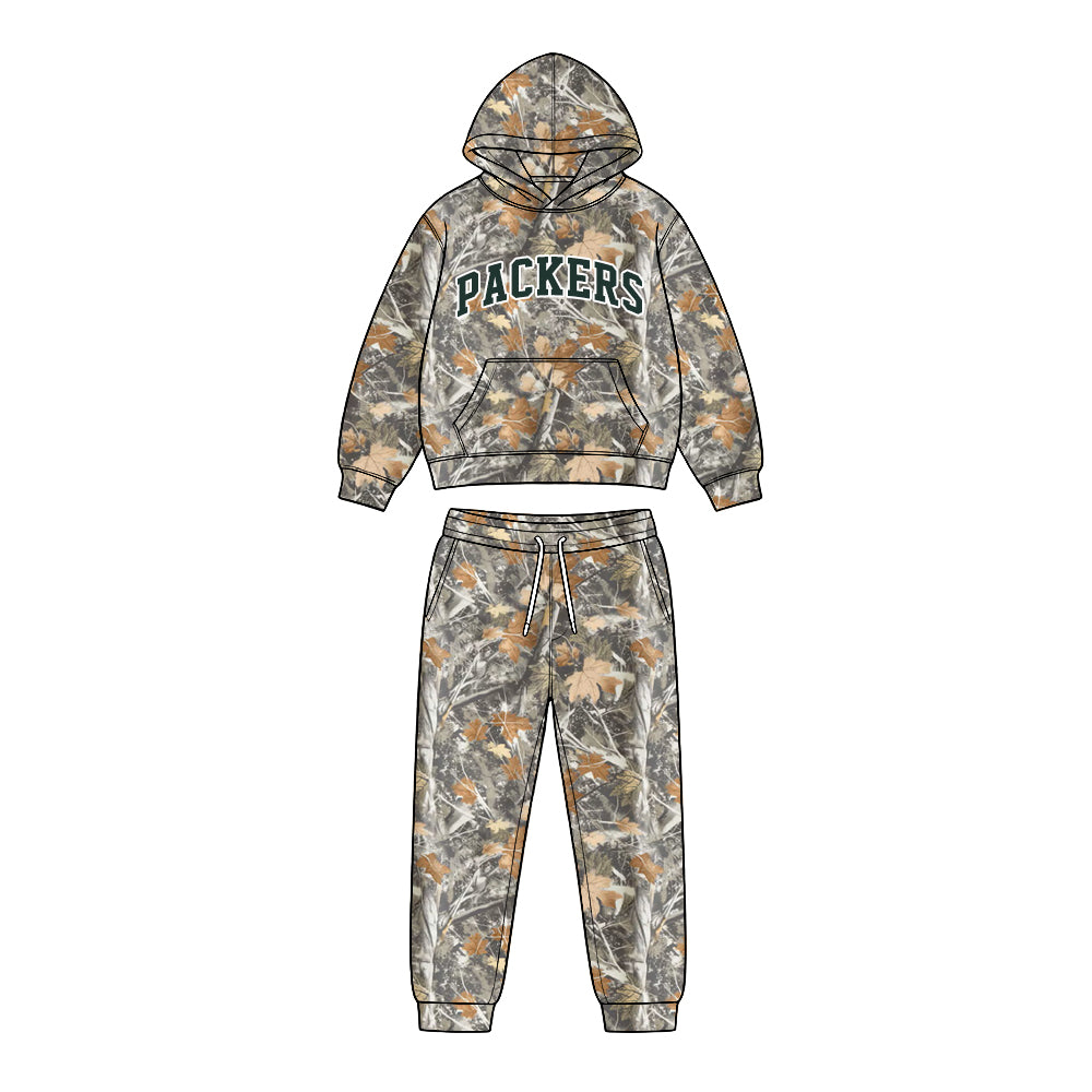 Preorder (moq 5) Baby Boys Leaves Camo Packers Pocket Hoodie Pockets Pant Team Clothes Sets