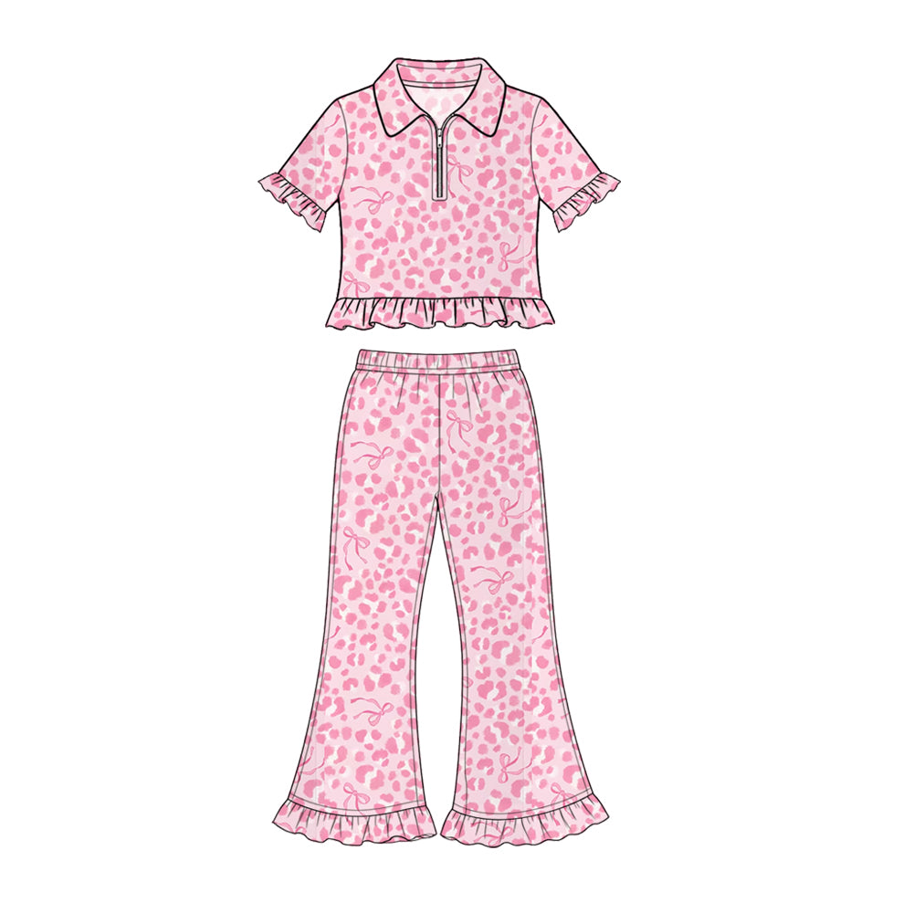 Preorder (moq 5) Baby Girl Clothes Pink Leopard Bow Mixed Print Short Sleeve Ruffle Flare Pant Set