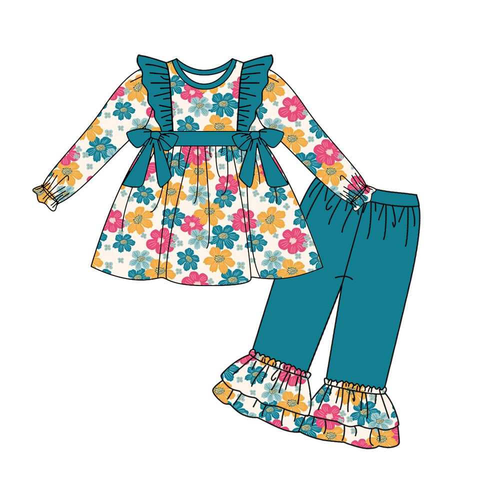 Baby Girls Blue Flowers Bows Tunic Top Ruffle Pants Clothes Sets Preorder(moq 5)