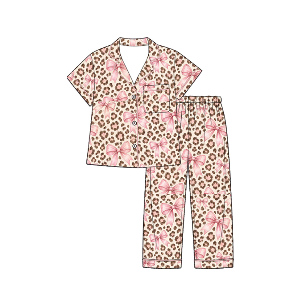 Preorder (moq 5) Baby Girl Clothes Leopard Pink Bow Mixed Print Short Sleeve Button Down Pajama Set