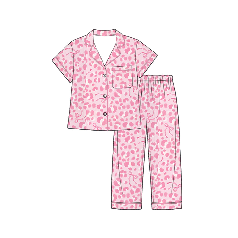 Preorder (moq 5) Baby Girl Clothes Pink Leopard Bow Mixed Print Short Sleeve Button Down Pajama Set