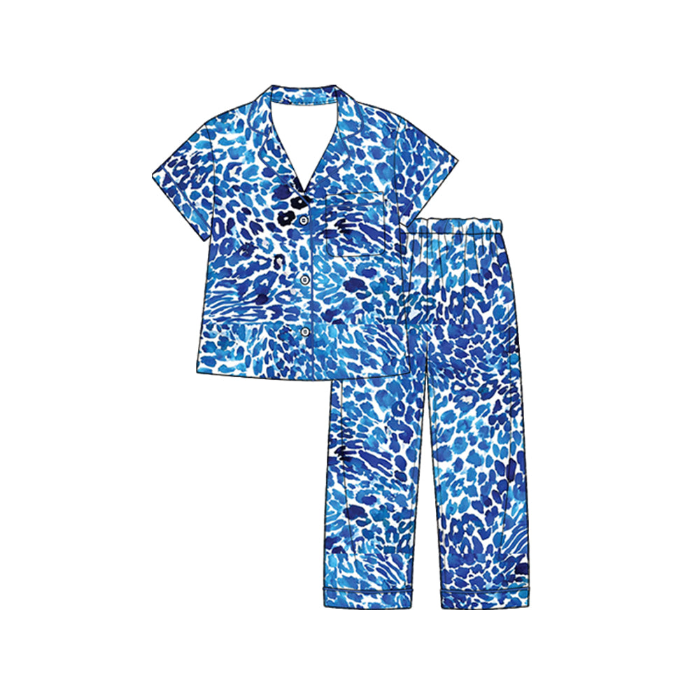 Preorder (moq 5) Baby Girl Clothes Blue Watercolor Leopard Print Short Sleeve Button Down Pajama Set