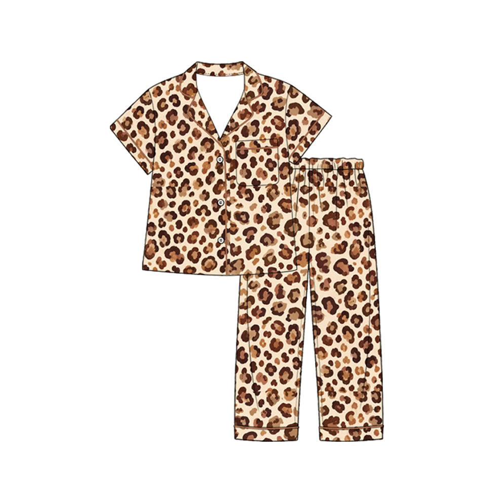 Preorder (moq 5) Baby Girl Clothes Classic Leopard Print Short Sleeve Button Down Pajama Set