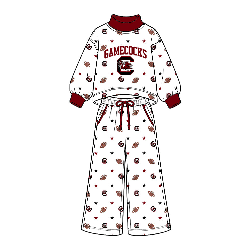 Preorder (moq 5) Baby Girl Clothes South Carolina Gamecocks C Logo Football Star Allover Print Long Sleeve Mock Neck Top Wide Leg Pant Outfit Set