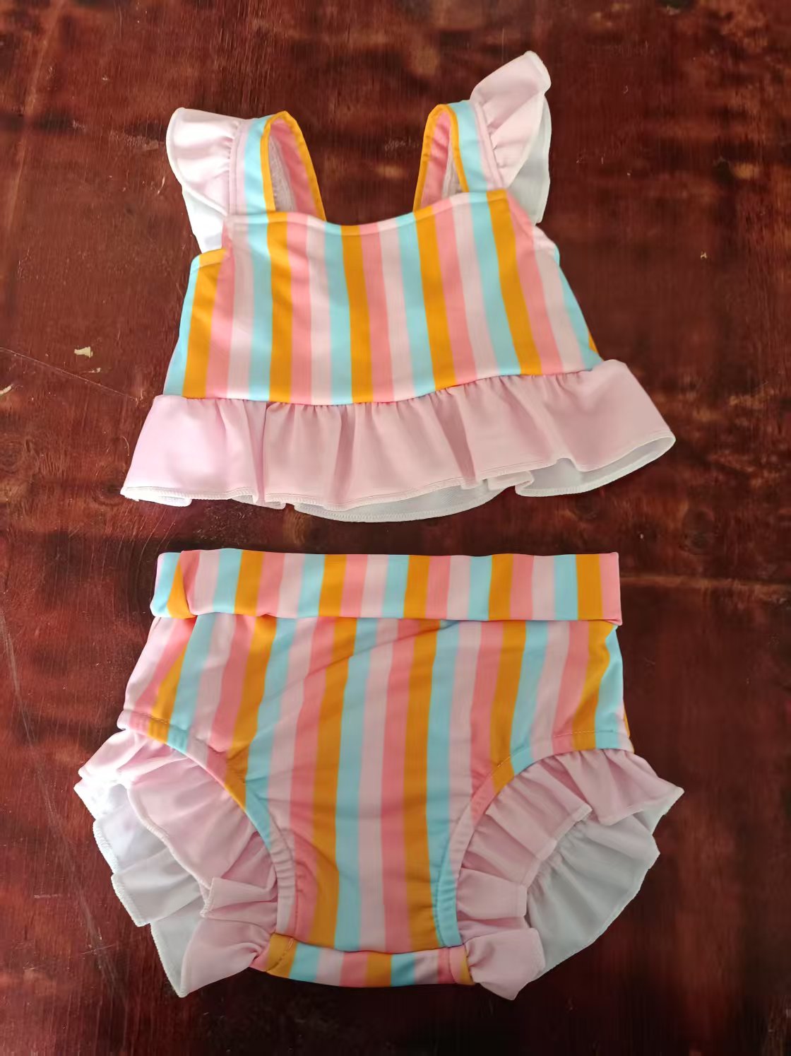 Preorder moq 5 Baby Girls Flutter Sleeves Colorful Stripe Tunic Ruffle Bummies Set