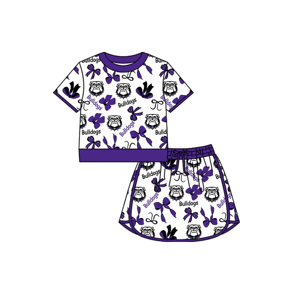 Preorder (moq 5)Baby Girls Short Sleeves Bulldog Top Bows Skorts Team Sets