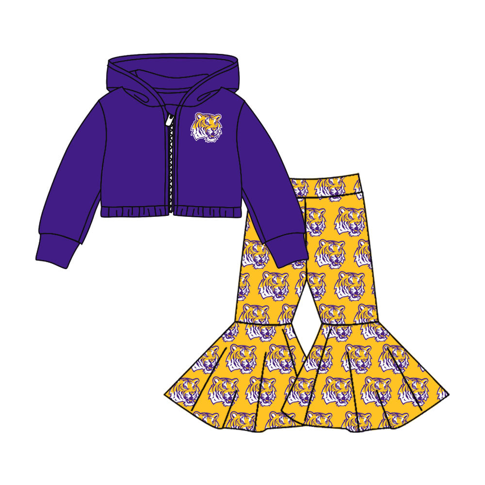 Preorder(moq 5) Baby Girls LSU Tiger Team Hooded Shirts Top Bell Pants Clothes Sets