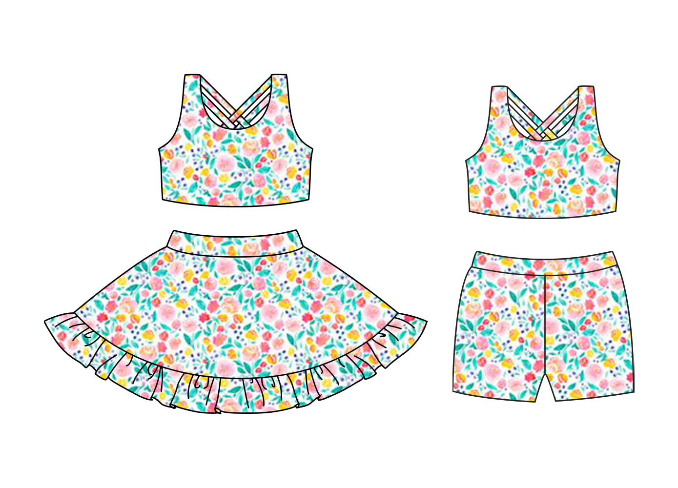 Preorder moq 5 Custom Baby Girls Sleeveless Colorful Floral Top Ruffle Skirts Set Biking Sets