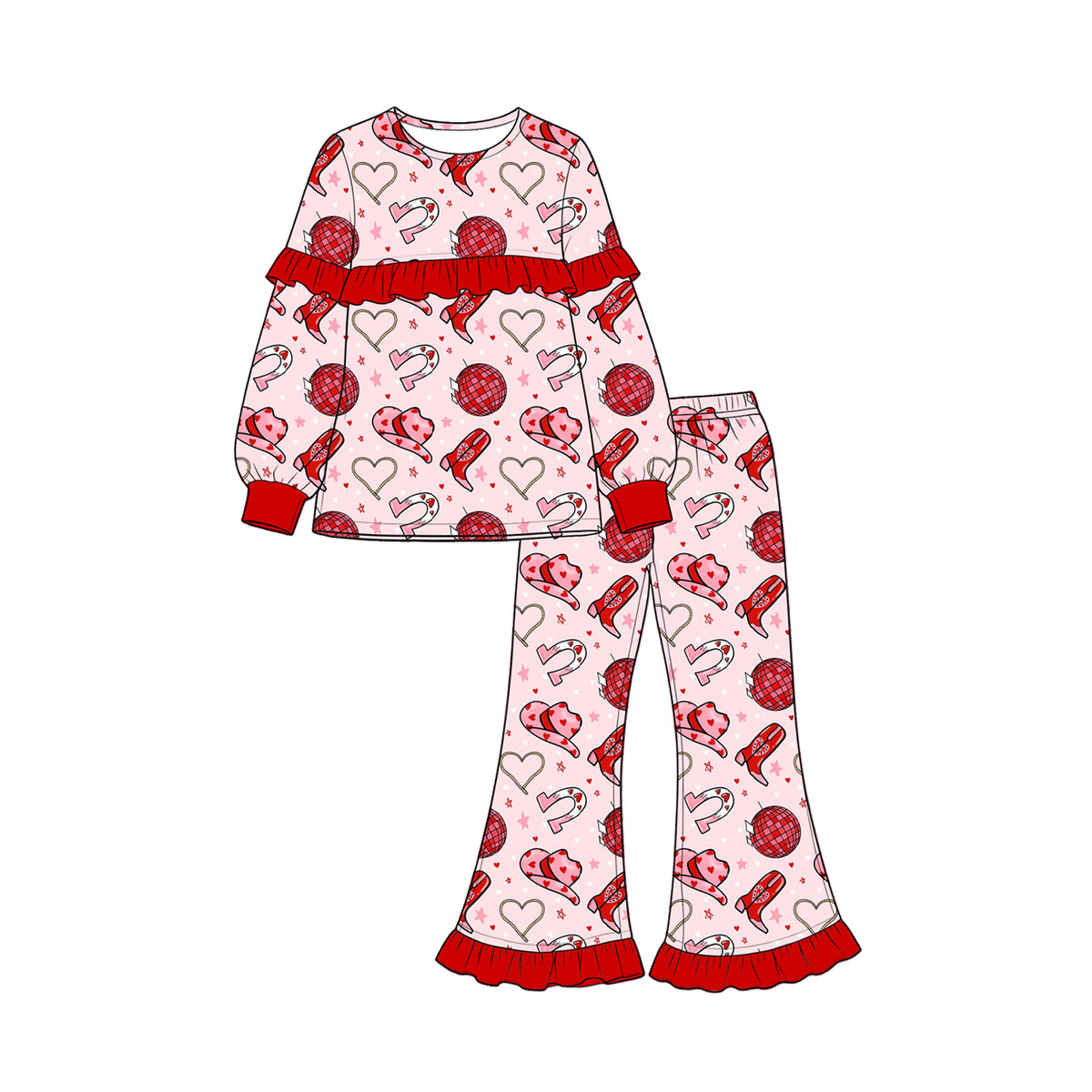 Preorder (moq 5) Baby Girl Clothes Valentine Cowboy Heart Disco Print Long Sleeve Ruffle Flare Pant Set