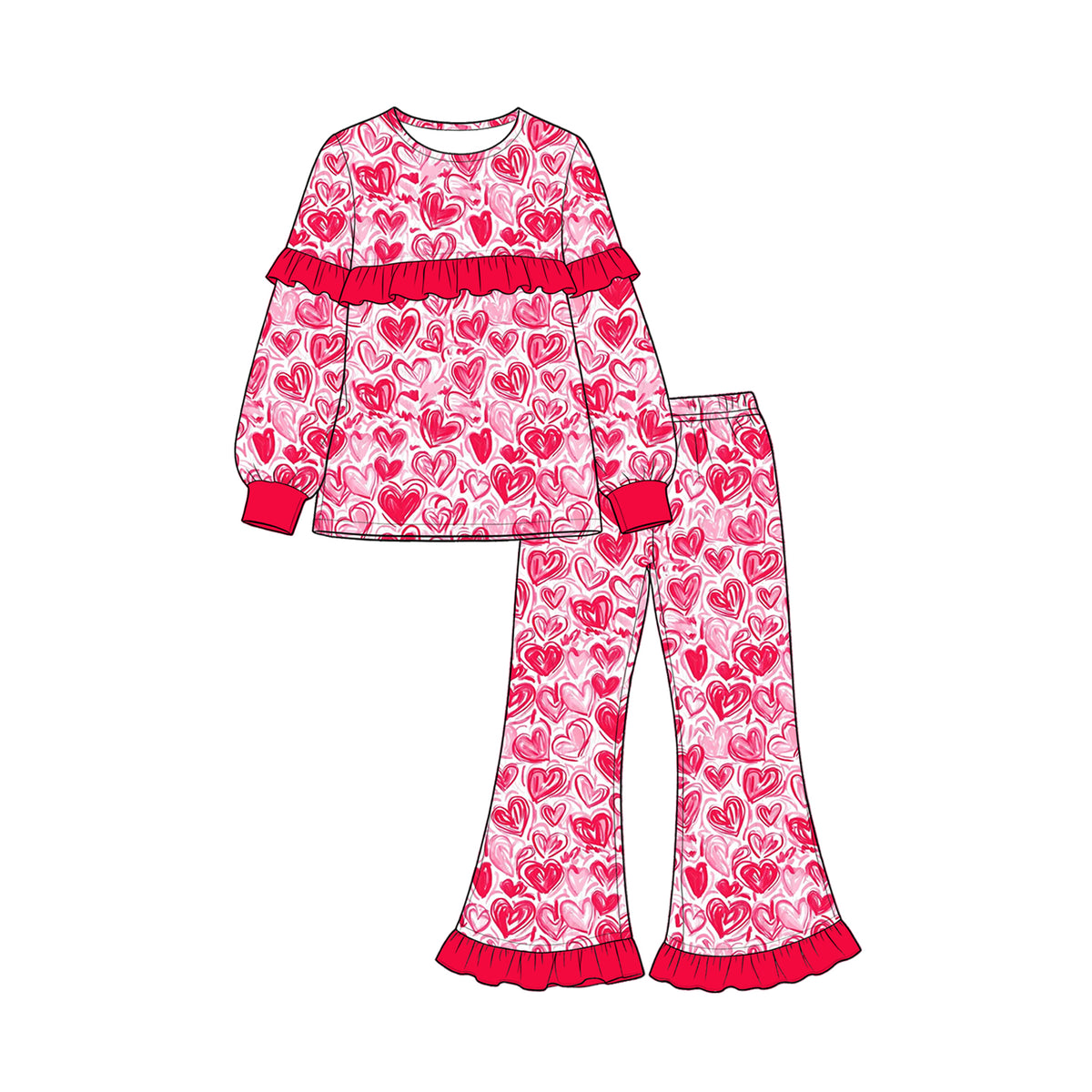 Preorder (moq 5) Baby Girl Clothes Valentine Watercolor Heart Print Long Sleeve Ruffle Flare Pant Set