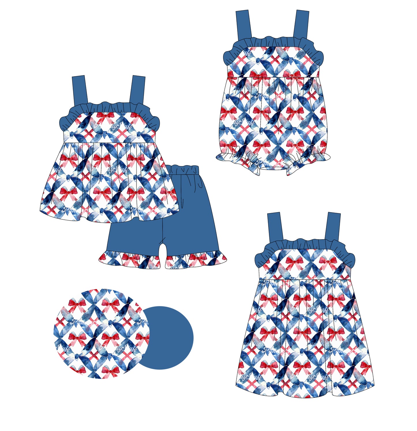 Preorder moq 5 Custom Baby Girls Strap Blue Red Bows Tunic Ruffle Short 4th Of July Set Knee Length Dress And Rompers
