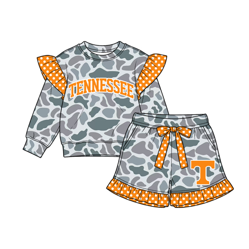 Preorder (moq 5) Baby Girl Clothes Tennessee Camo Polka Dot Ruffle Print Long Sleeve Top Short Set