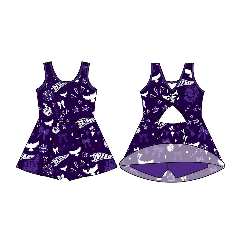 Preorder (moq 5)Baby Girls Sleeveless Purple Eagles Bows Football Team Shorts Dresses