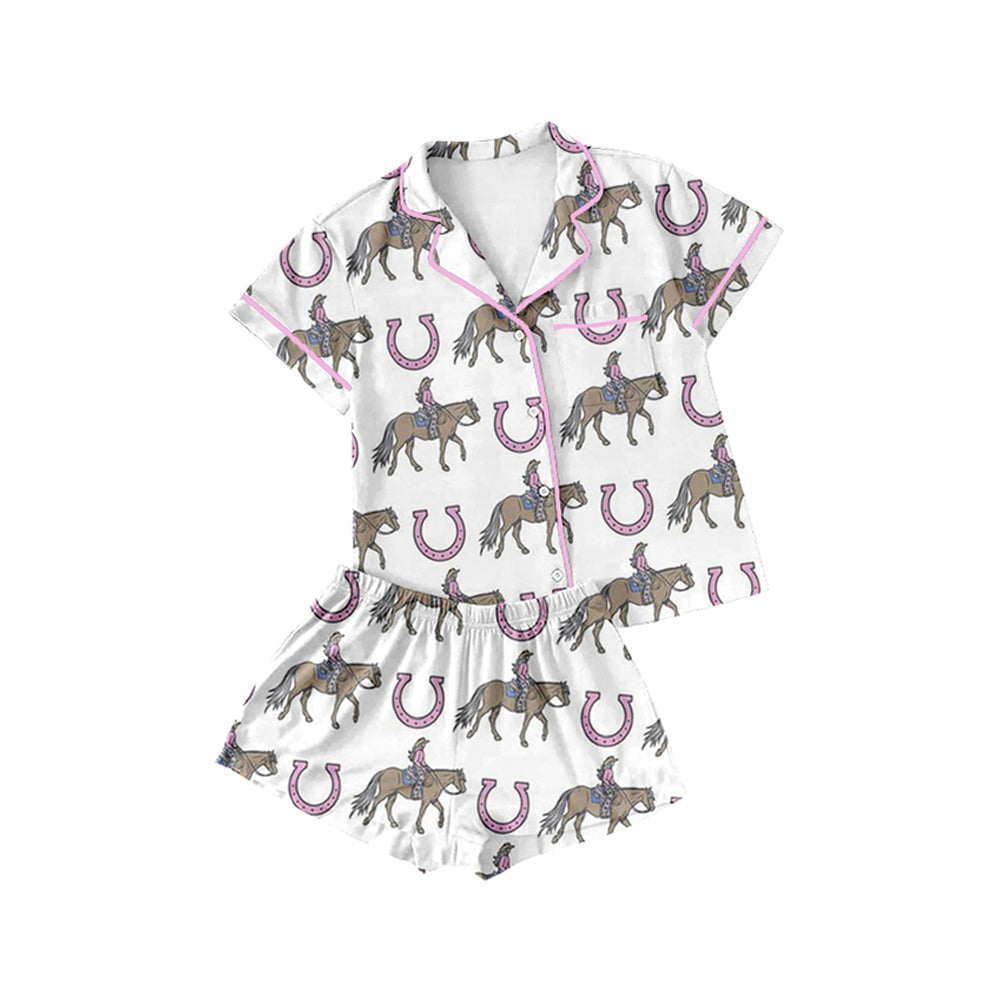 Preorder (moq 5)Baby Girls Western Rodeo Pink Buttons Top Shirt Shorts Pajamas Clothes Sets