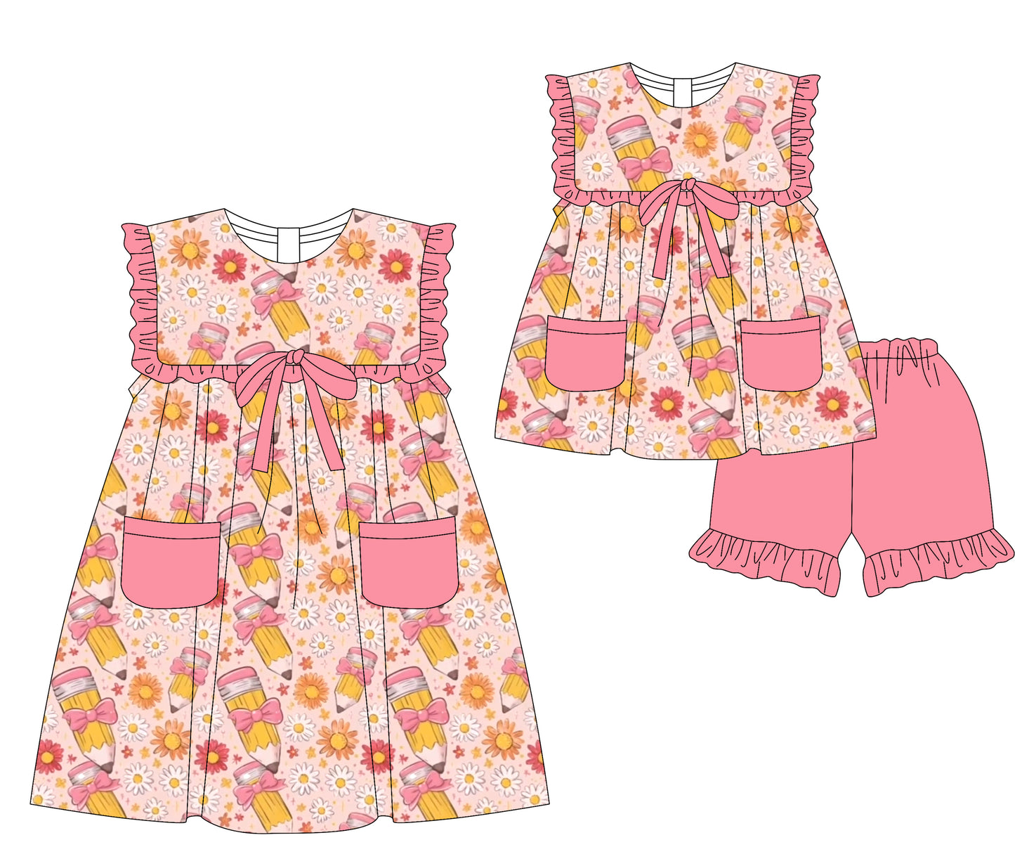 Preorder moq 5 Custom Baby Girls Pink Flowers Pencils Pockets Tunic Ruffle Short Set Knee Length Dresses