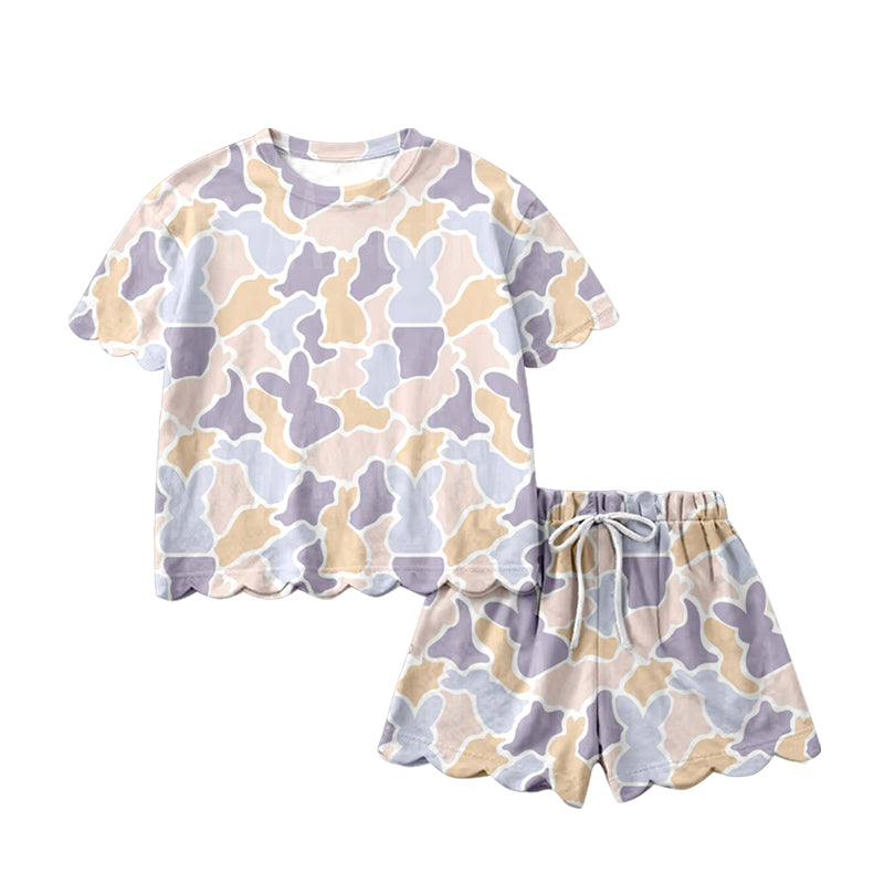 Preorder (moq 5)Baby Girls Colorful Rabbits Camo Top Scallop Shorts Easter Clothes Sets