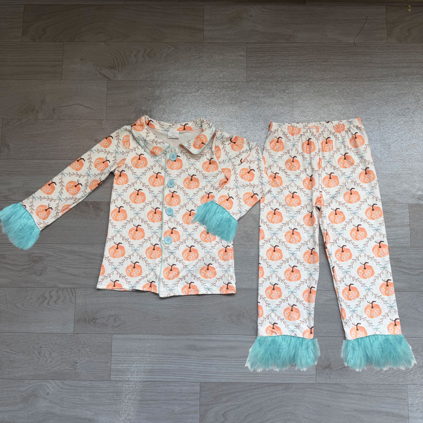 Baby Girls Flowers Pumpkins Button Top Pants Fall Fur Sleeves Pajamas Sets