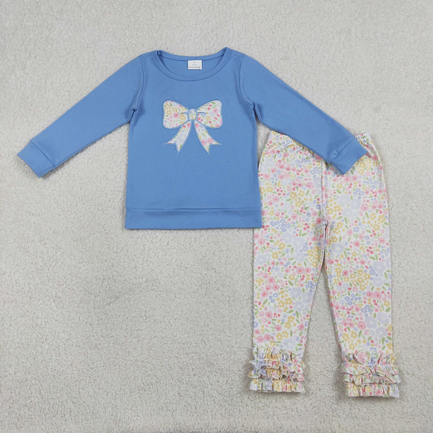 Embroidery Flowers Bows Baby Girls Blue Top Ruffle Legging Pants Clothes Sets