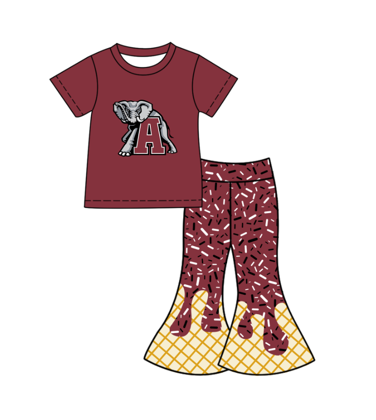 Preorder (moq 5)Baby Girls Red A Elephants Top Drip Sprinkles Bell Bottom Pants Team Clothes Sets