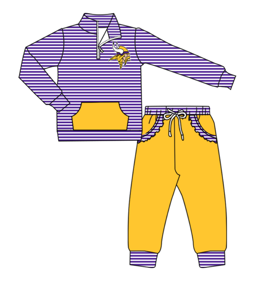 Preorder (moq 5)Baby Girls Purple Stripe Vikings Zip Pullover Pockets Jogger Team Clothes Sets