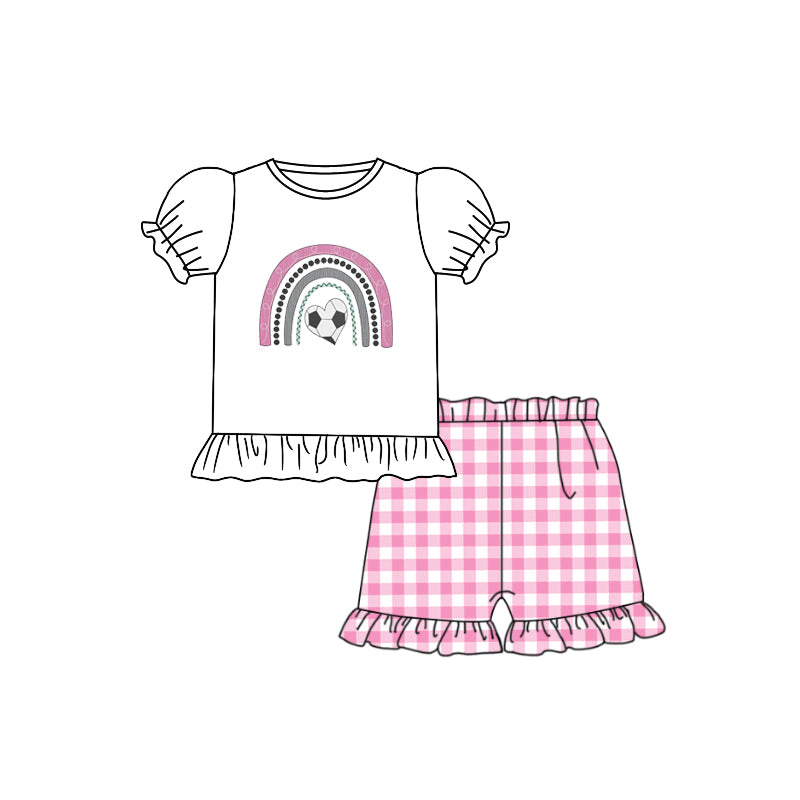 Baby Girls Rainbow Soccer Tee Top Ruffle Shorts Clothes Sets preorder(moq 5)