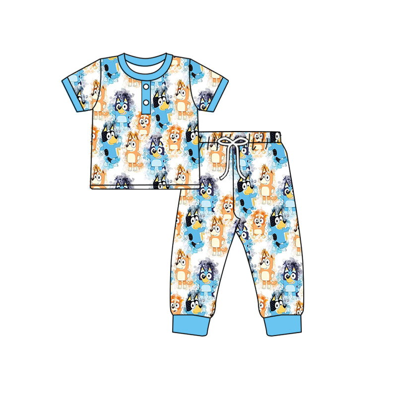 Preorder (moq 5)Baby Boys Blue Dogs Buttons Top Pants Pajamas Clothes Sets