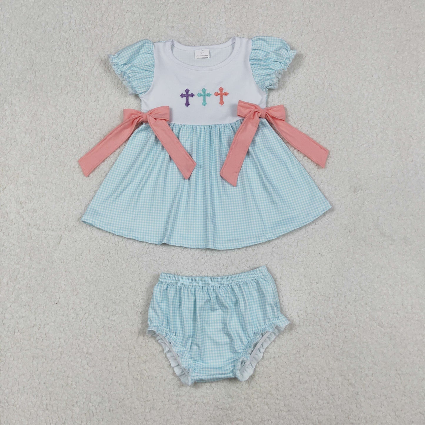 Embroidery Crosses Baby Girls Bows Tunic Bummies Easter Clothes Sets