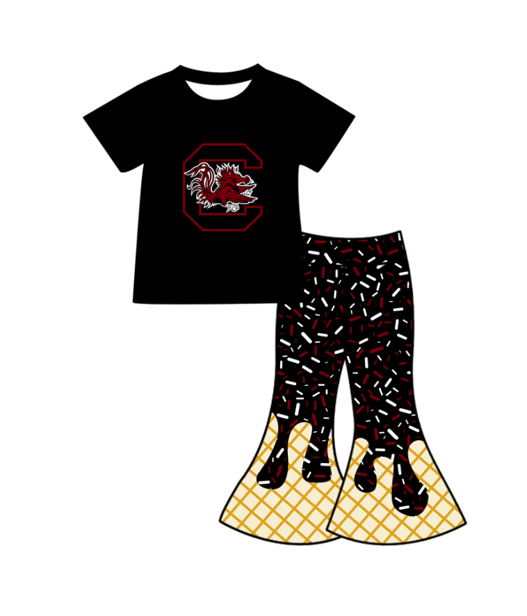 Preorder (moq 5)Baby Girls Black C Bulls Top Drip Sprinkles Bell Bottom Pants Team Clothes Sets