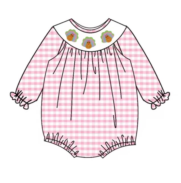 Preorder(moq 5)Baby Infant Girls Pink White Checked Turkey Thanksgiving Ruffle Rompers