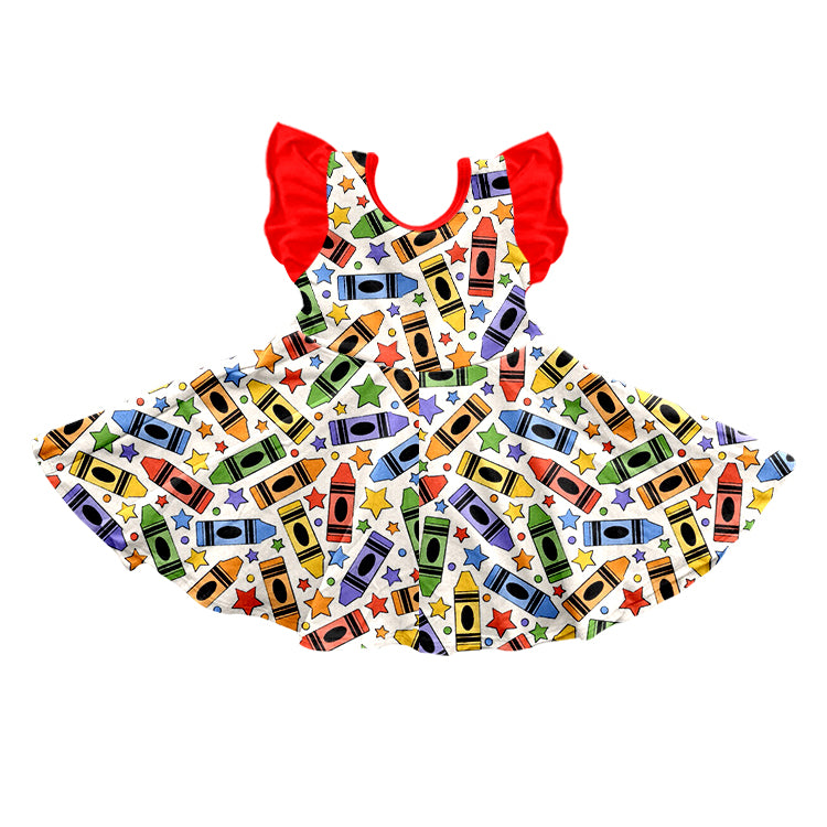 Baby Girls Back To School Crayon Flutter Sleeve Knee Length Dresses preorder(moq 5)
