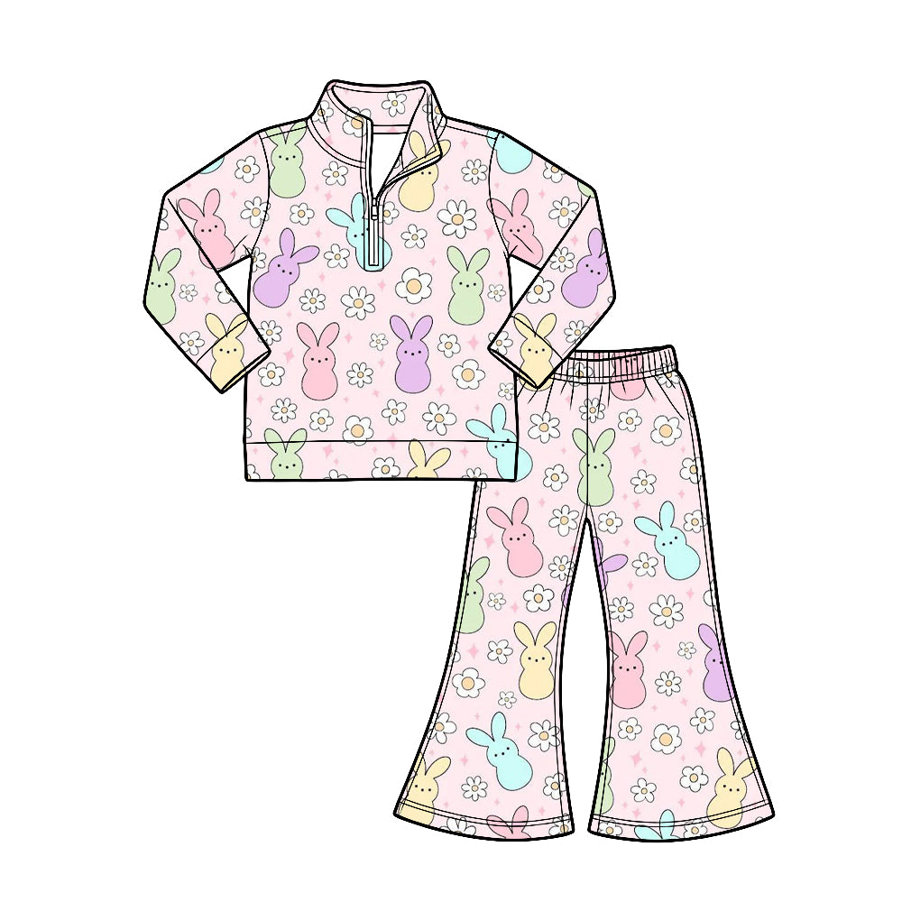 Preorder (moq 5) girl clothes Pastel Easter Bunny Long Sleeve 1/4 Zip Pullover Flare Pants 2‑Piece Outfit Set