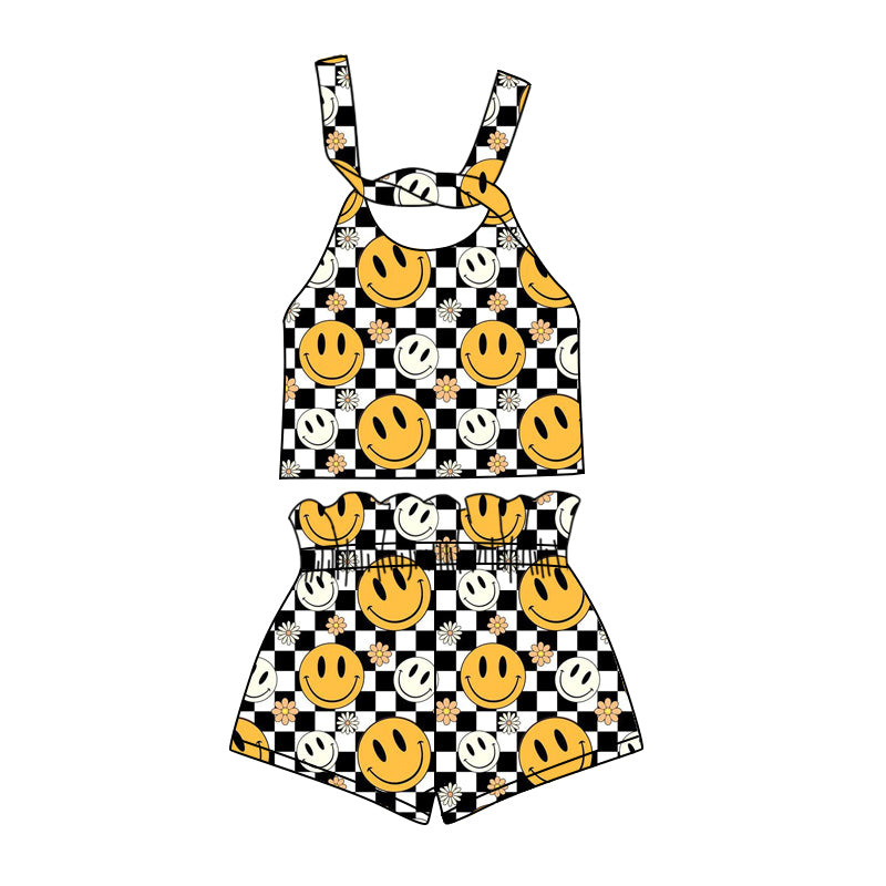 Preorder (moq 5)Baby Girls Checkered Smile Straps Top Shorts Clothes Sets