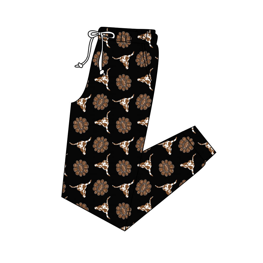 Preorder (moq 5)Adult Women Cow Print Turquoises Bull Skulls Pockets Western Jogger Pants Bottom