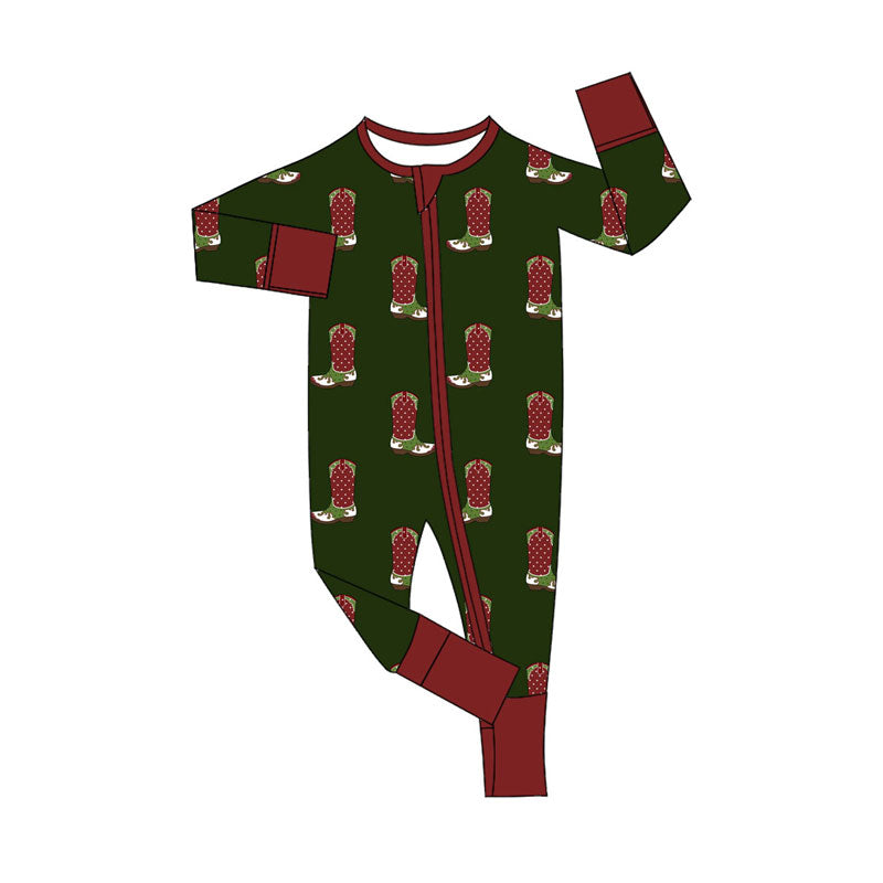 Preorder (moq 5)Baby Boys Dark Green Boots Christmas Zipper Footie Rompers