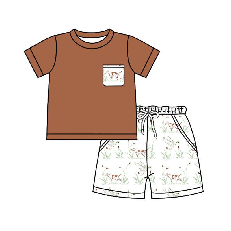 Preorder (moq 5)Baby Boys Brown Short Sleeves Pocket Top Ducks Dogs Short Set