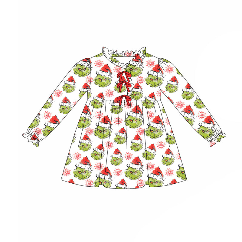 Preorder(moq 5) Baby Girls Green Face Snowflake Button Christmas Knee Length Dresses