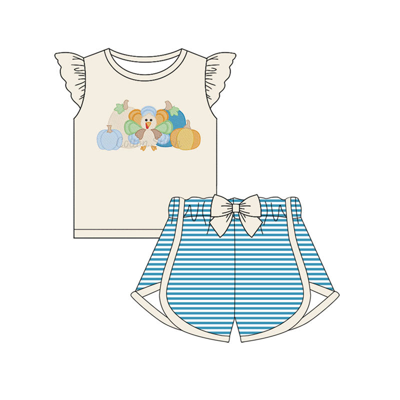 Preorder (moq 5)Baby Girls Light Pink Flutter Sleeves Turkey Pumpkins Top Blue Stripe Shorts Set