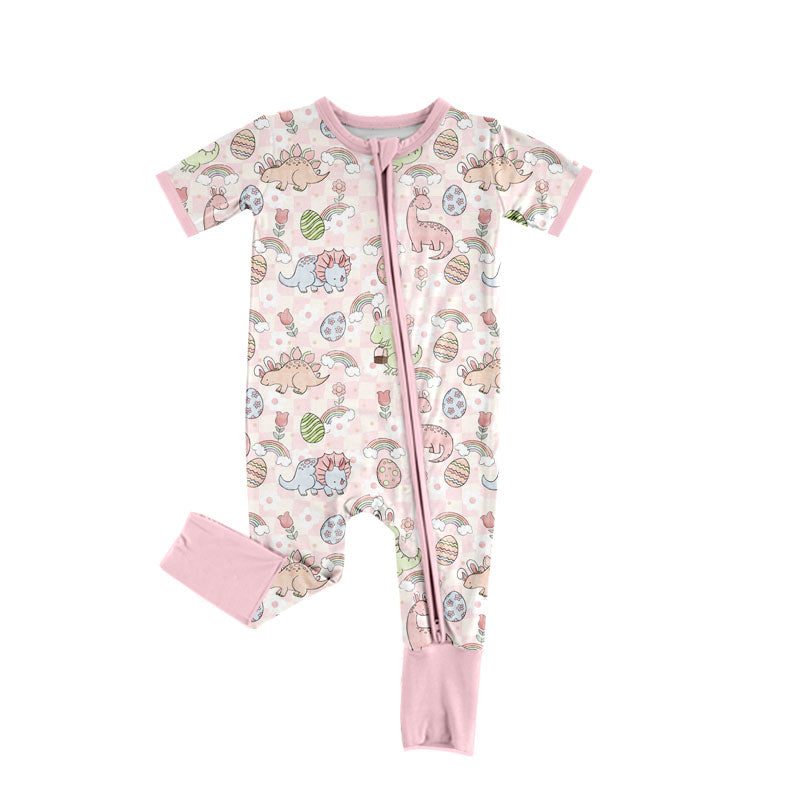 Preorder (moq 5)Baby Girls Pink Dinosaurs Eggs Easter Two Way Zip Convertible Rompers
