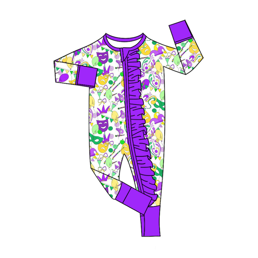 Preorder (moq 5) Baby Girls Mardigras Masks Two Way Ruffle Zip Convertible Rompers