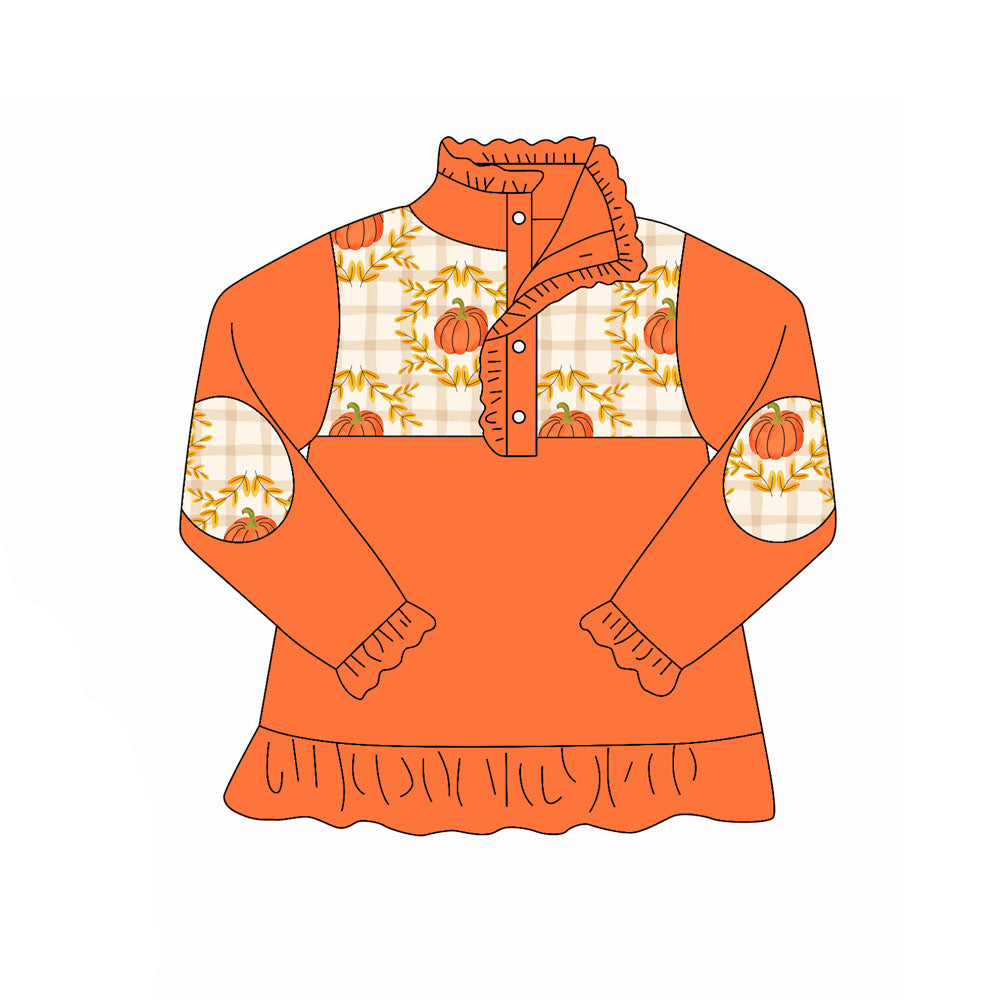 Preorder (moq 5)Baby Girls Long Ruffle Sleeve Pumpkins Fall Button Polo Shirts Top