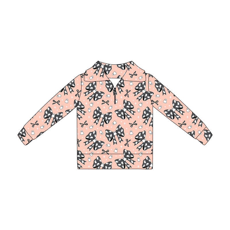 Preorder (moq 5)Baby Girls Long Sleeve Ghost Bows Halloween Zip Pullovers Top