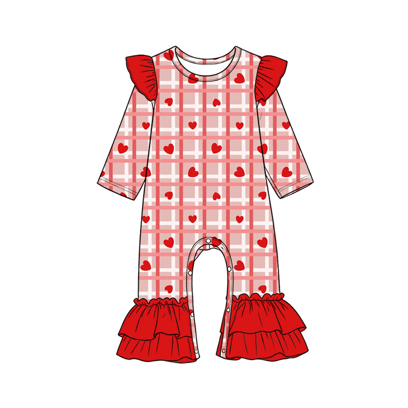 Preorder (moq 5) Baby Girls Hearts Checked Valentines Ruffle Pant Rompers
