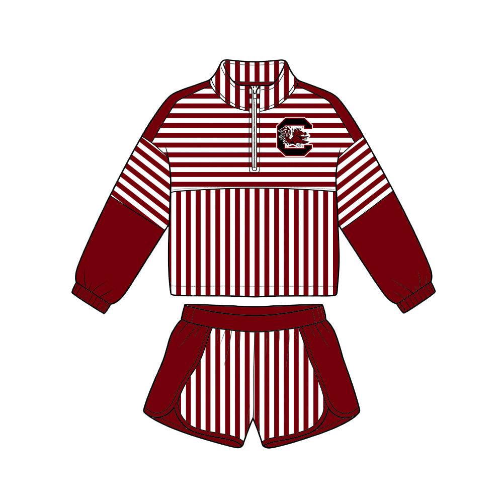 Preorder (moq 5) Girls’ Team Dark Red Striped Round-Neck Long-Sleeve Top & Matching Elastic-Waist Shorts 2-Piece Set