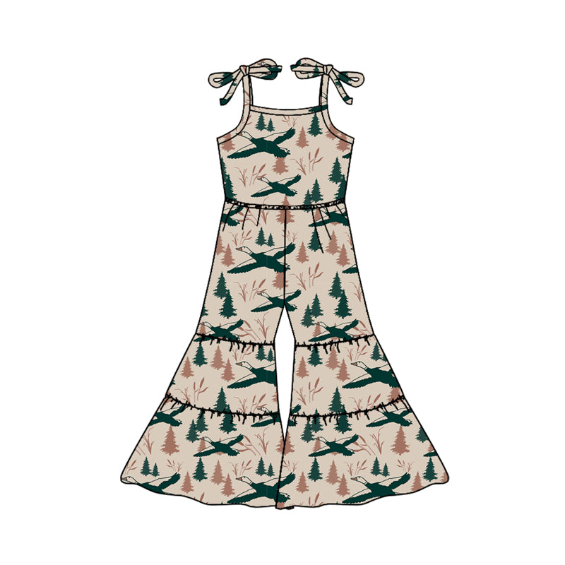 Preorder (moq 5)Baby Girls Green Strap Ducks Trees Patchwork Bell Bottom Jumpsuits Preorder