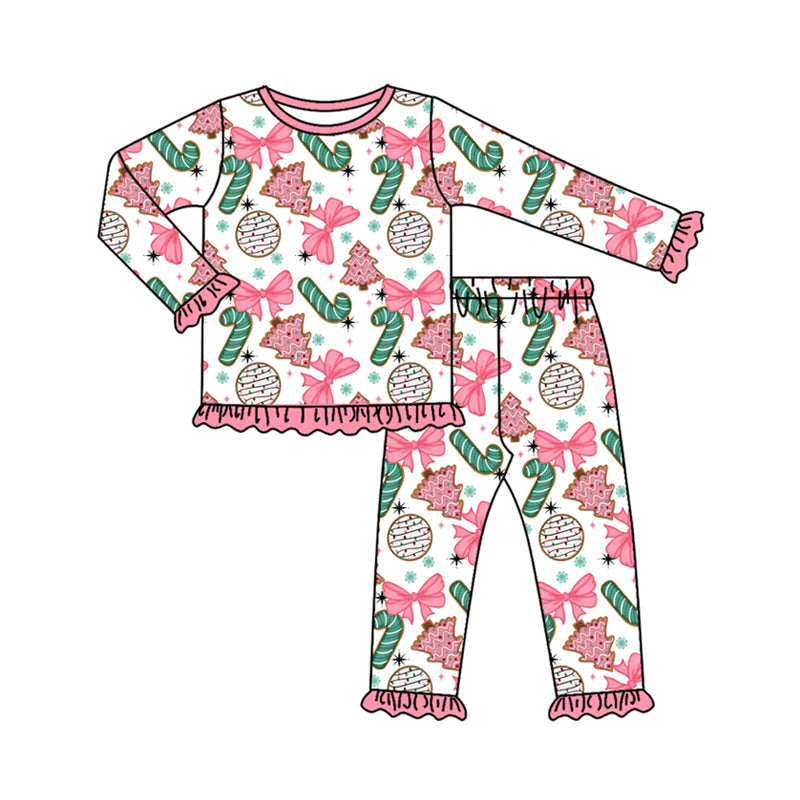 Preorder (moq 5)Baby Girls Long Ruffle Sleeves Bows Candy Cane Top Pants Pajamas Set